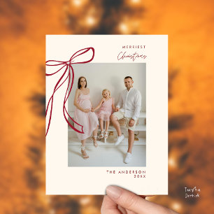Burgundy Bow Family Photo Christmas Greeting Postcard
