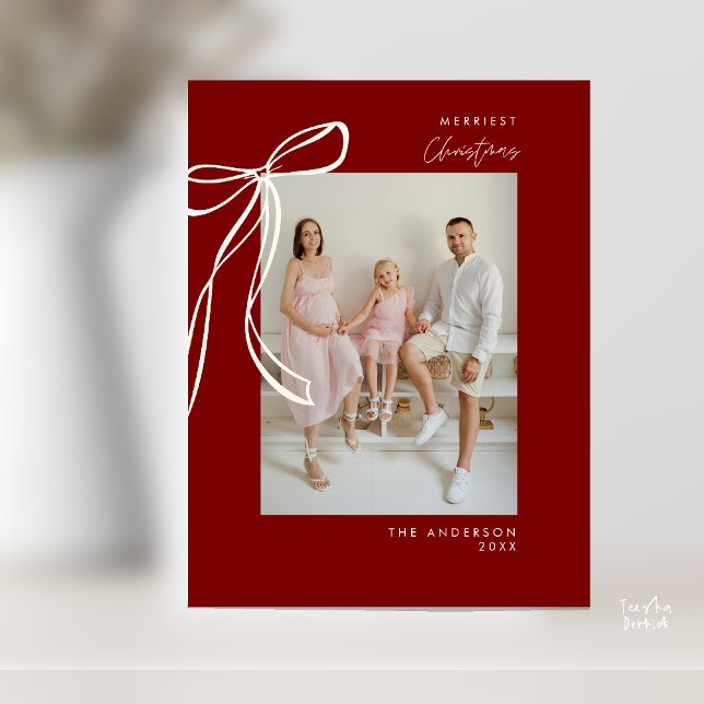 Burgundy Bow Family Photo Christmas Greeting Postcard (Modern Cream Bow Family Photo Christmas Minimalist Burgundy Wine Red Greeting Postcard)