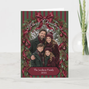 Burgundy Bow & Garland Merry Christmas Photo Holiday Card