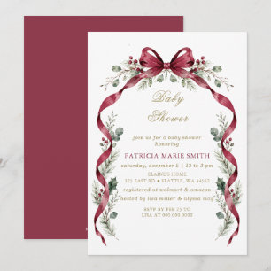Burgundy Bow Garland Winter Christmas Baby Shower Invitation