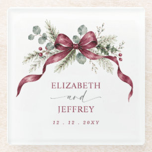 Burgundy Bow Garland Winter Christmas Wedding Glass Coaster
