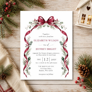 Burgundy Bow Garland Winter Christmas Wedding Invitation