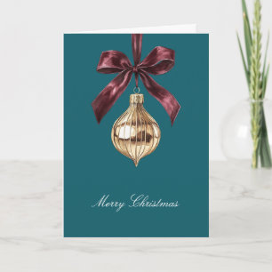 Burgundy Bow Gold Ornament Christmas Card