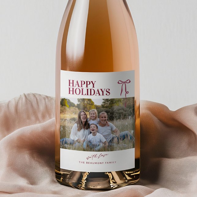 Burgundy Bow Happy Holidays Photo Wine Label (Creator Uploaded)