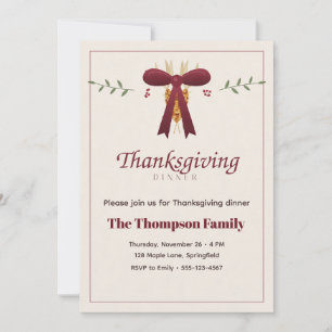 Burgundy Bow Harvest Thanksgiving Dinner Invitation