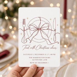 Burgundy Bow Illustrated Christmas Dinner Invitation