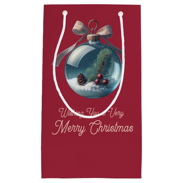 Burgundy Bow & Ornament Christmas Gift Bag (Front)