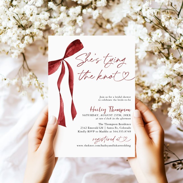 Burgundy Bow She's Tying The Knot Bridal Shower Invitation (Creator Uploaded)