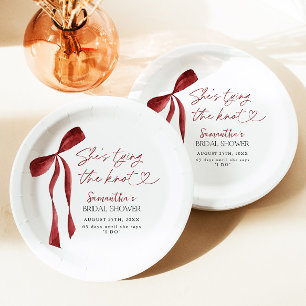 Burgundy Bow She's Tying The Knot Bridal Shower Paper Plate