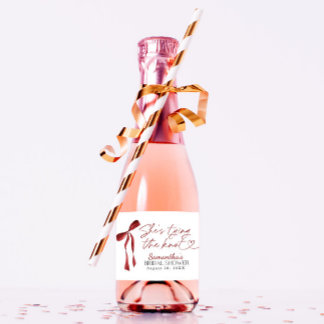 Burgundy Bow She's Tying the Knot Bridal Shower Sparkling Wine Label