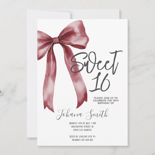 Burgundy Bow Sweet Sixteen Girl Birthday Party Invitation (Front)
