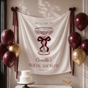 Burgundy Bows and Bubbly Bridal Shower Backdrop Tapestry