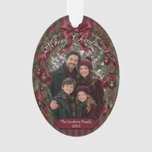 Burgundy Bows and Garland Classic Christmas Photo Ornament
