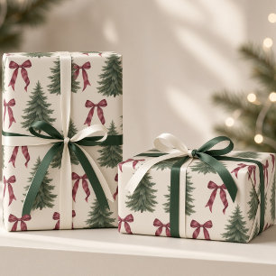 Burgundy Bows Watercolor Pine Trees Christmas Wrapping Paper