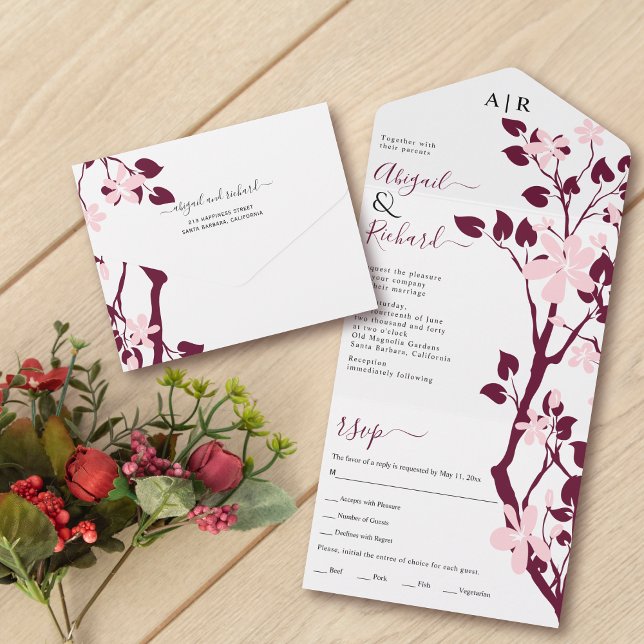 Burgundy branch with blush pink flowers wedding all in one invitation (Creator Uploaded)