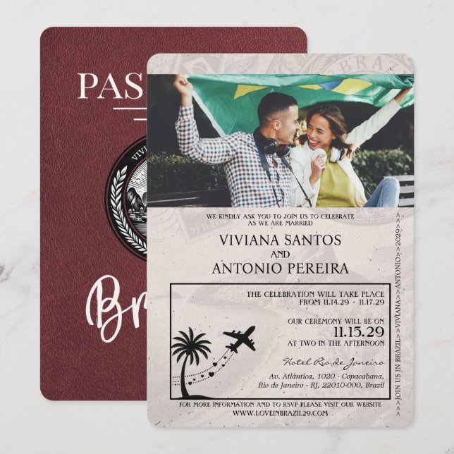 Burgundy Brazil Passport Wedding Invitation (Front/Back)