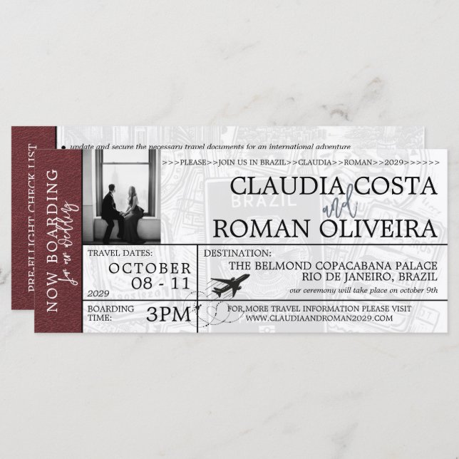 Burgundy Brazil Wedding Boarding Pass Invitation (Front/Back)