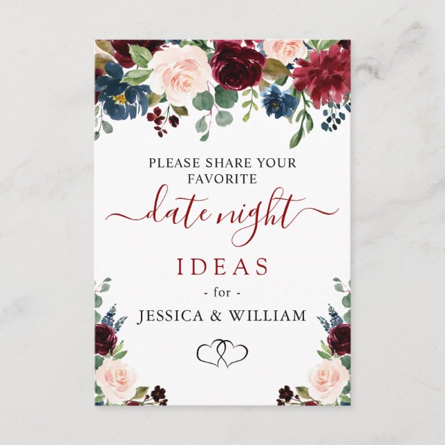 Burgundy Bridal Shower Date Night Idea Advice Card (Front)
