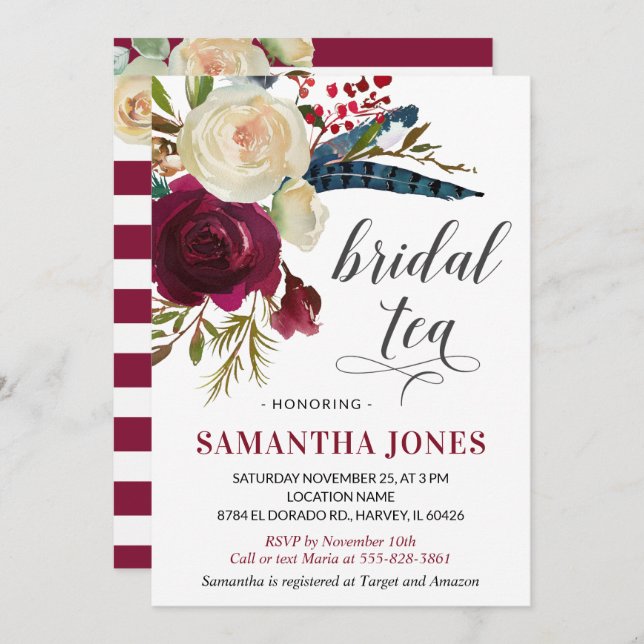 Burgundy Bridal Shower Tea Marsala Floral Wine Red Invitation (Front/Back)