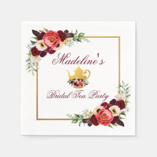 Burgundy Bridal Shower Tea Party Boho Floral Gold Napkin