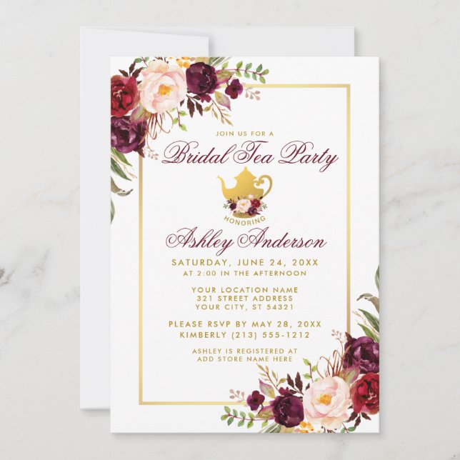 Burgundy Bridal Shower Tea Party Gold Invite (Front)