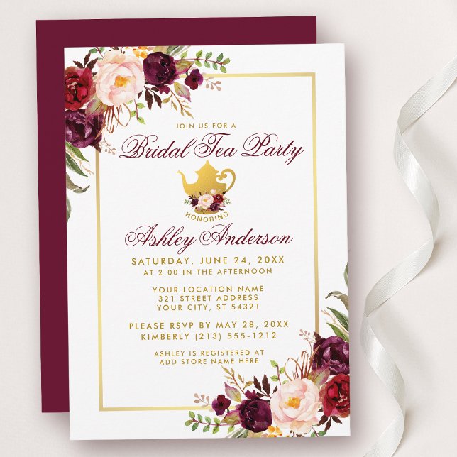 Burgundy Bridal Shower Tea Party Gold Invite B (Customize to change text color, size, style or to change color of back of card.)