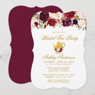 Burgundy Bridal Shower Tea Party Gold Invite GB