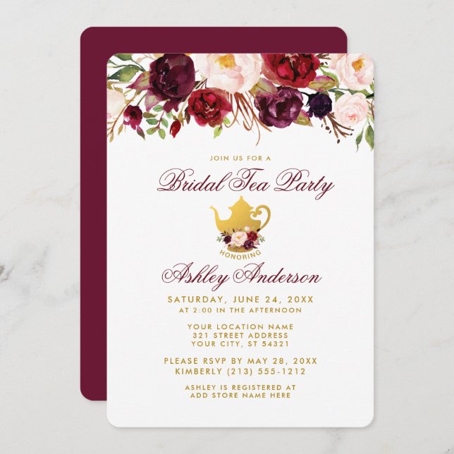 Burgundy Bridal Shower Tea Party Gold Invite RB (Front/Back)
