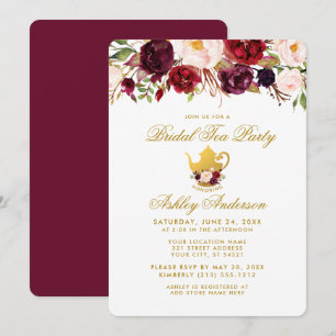 Burgundy Bridal Shower Tea Party Gold Invite RG