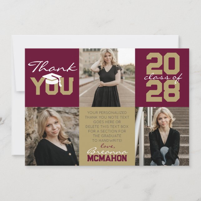 Burgundy & Bronze 3 Photo Graduation Thank You Invitation (Front)