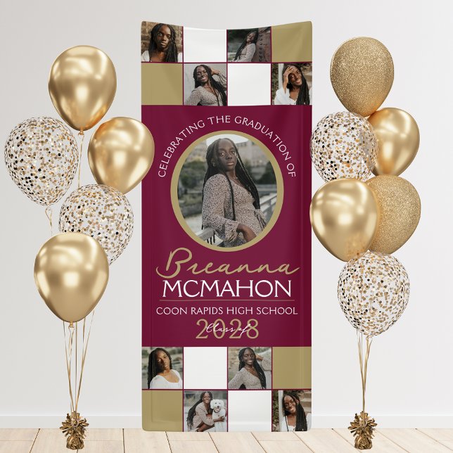 Burgundy & Bronze 9 Photo Collage Graduation Vinyl Banner (Burgundy and Bronze Gold 9 Photo Graduation Vinyl Hanging Banner. Indoor or Outdoor Available )