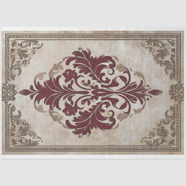 Burgundy Bronze Baroque Demask Patterned Design Tissue Paper (Front)