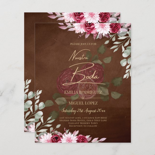 Burgundy Brown Floral Winter Fall Wedding Invite (Front/Back)