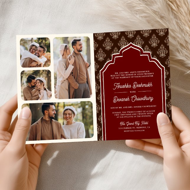 Burgundy Brown Ikat Photo Collage Indian Wedding Invitation (Creator Uploaded)