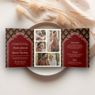 Burgundy Brown Ikat Photo Collage Indian Wedding Tri-Fold Invitation
