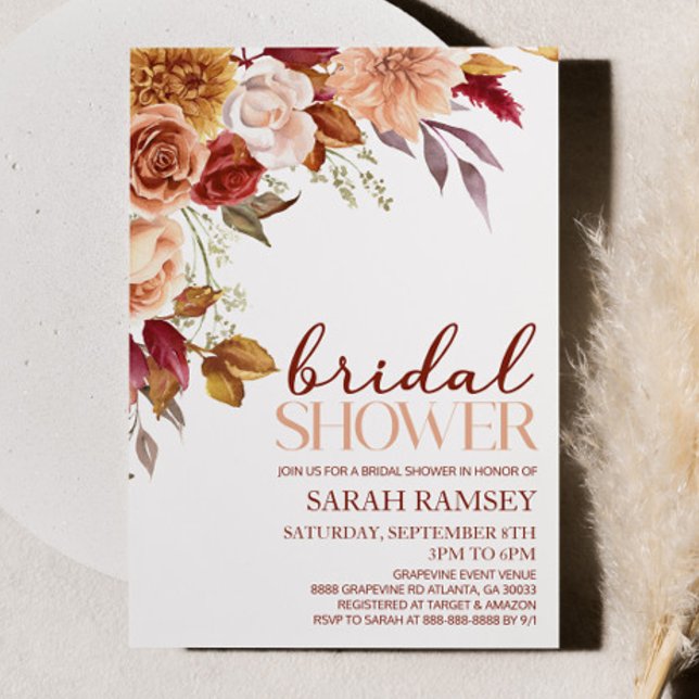 Burgundy Brown Orange Floral Flowers Bridal Shower Invitation (Creator Uploaded)