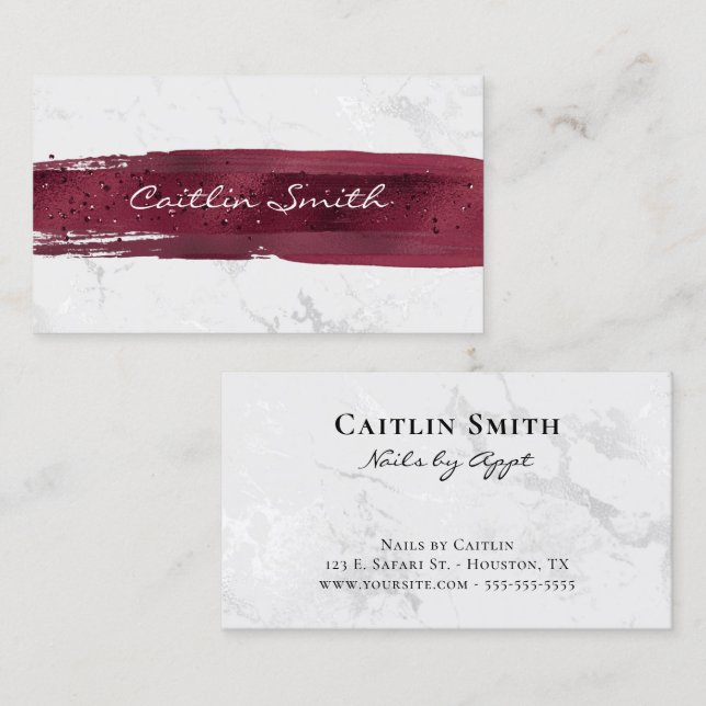 Burgundy Brush Stroke Silver White Foil Marble Business Card (Front/Back)