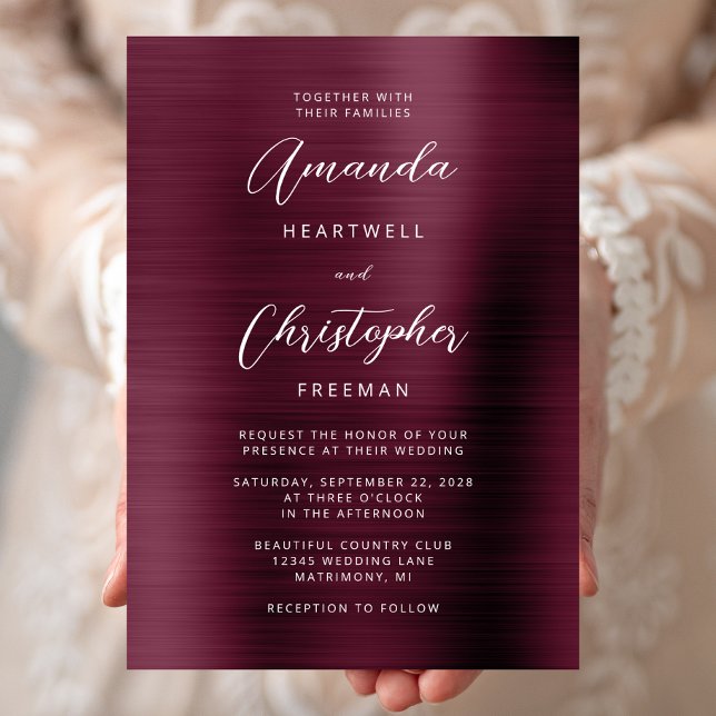 Burgundy Brushed Metal Script Wedding Invitation (Creator Uploaded)
