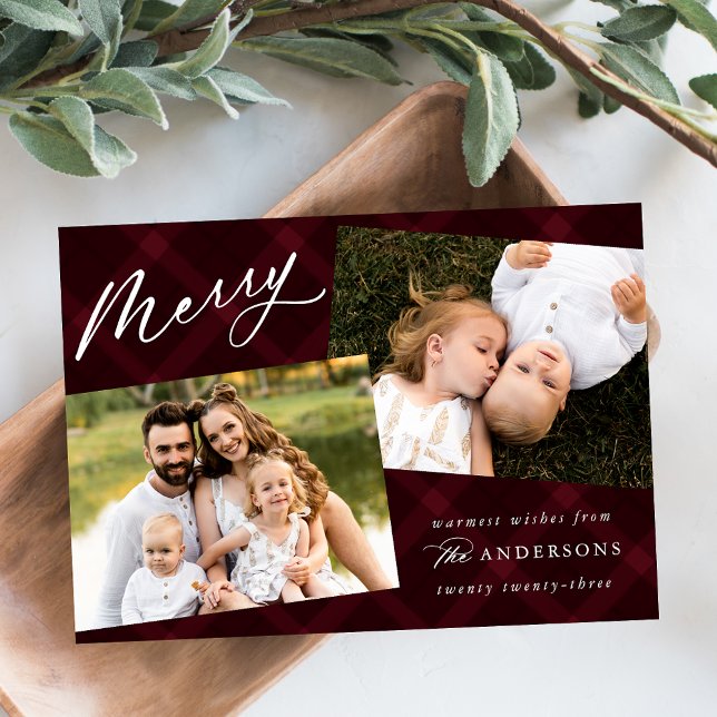 Burgundy Brushed Plaid 3 Photo Holiday Card (Creator Uploaded)