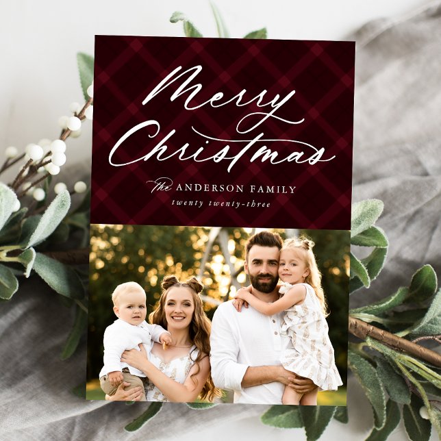 Burgundy Brushed Plaid Merry Christmas 3 Photo Holiday Card (Creator Uploaded)