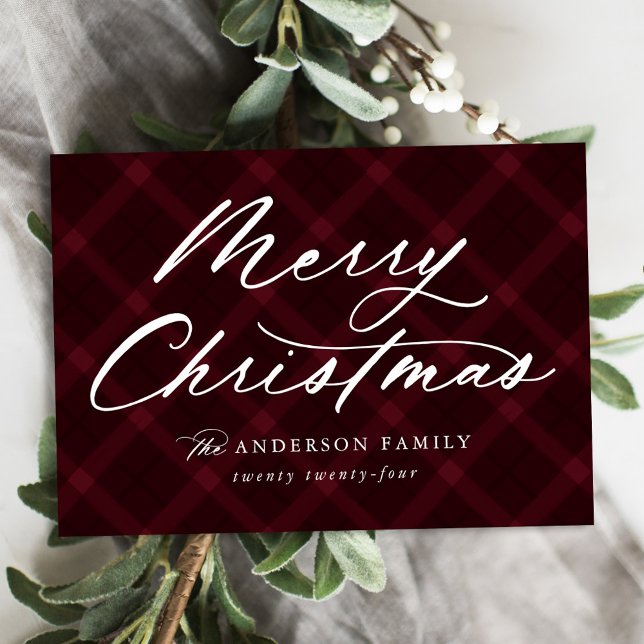 Burgundy Brushed Plaid Merry Christmas Non-Photo Holiday Card (Creator Uploaded)