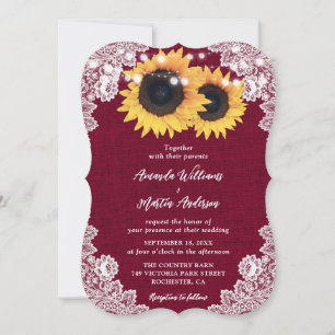 Burgundy Burlap Floral Lace Sunflower Wedding Invitation