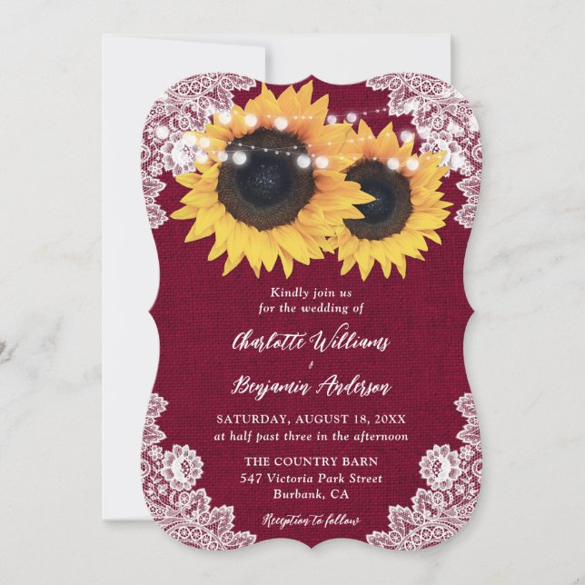 Burgundy Burlap Floral Lace Sunflower Wedding Invitation (Front)