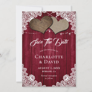 Burgundy Burlap Lace Wedding Save The Date Card