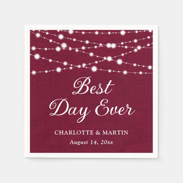 Burgundy Burlap String Lights Rustic Wedding Napkin (Front)