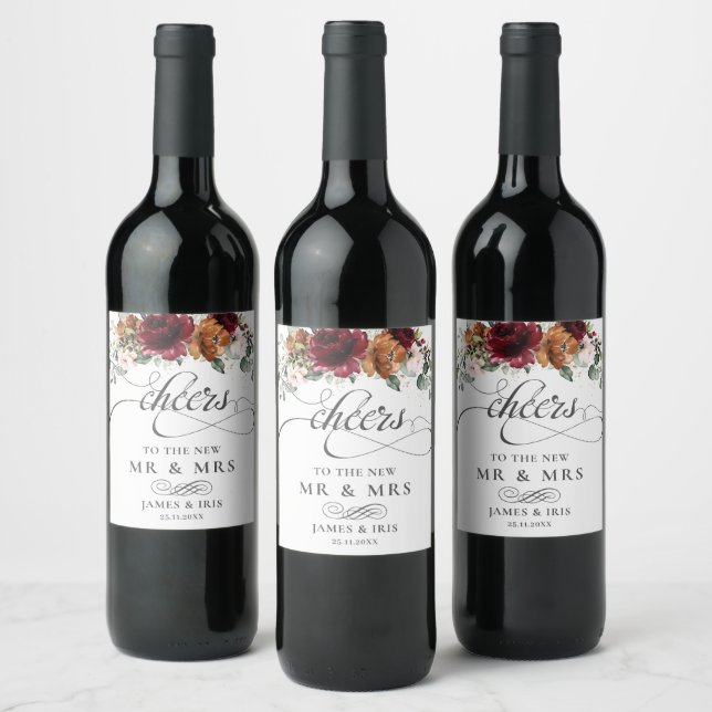 Burgundy Burnt Orange Blush Ivory Floral Wedding W Wine Label (Bottles)