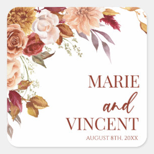 Burgundy Burnt Orange Brown Floral Flower Wedding Square Sticker