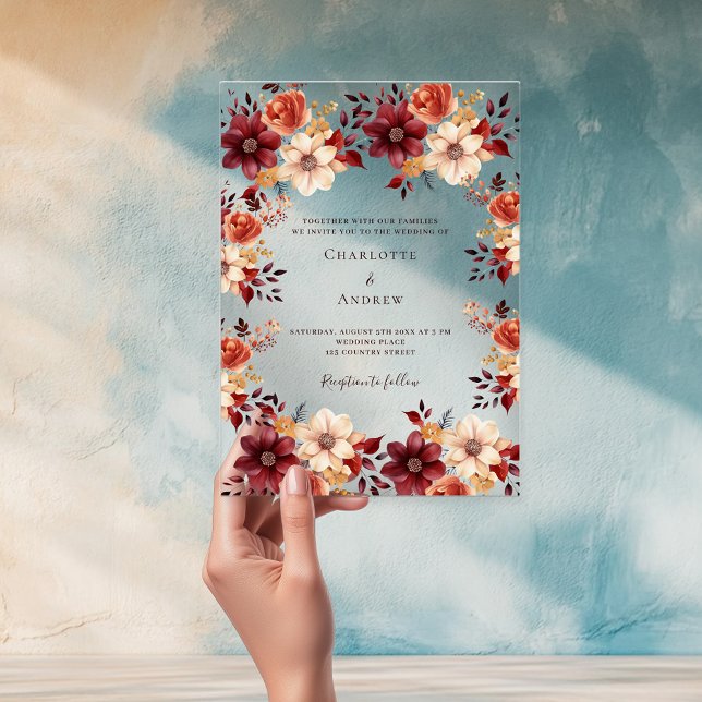 Burgundy burnt orange fall floral clear wedding acrylic invitations (Creator Uploaded)