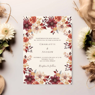 Burgundy burnt orange fall floral wedding invitation