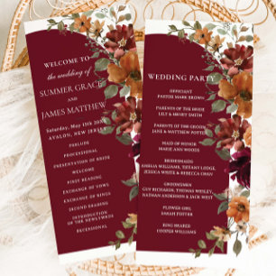 Burgundy Burnt Orange Floral Arch Wedding Programme
